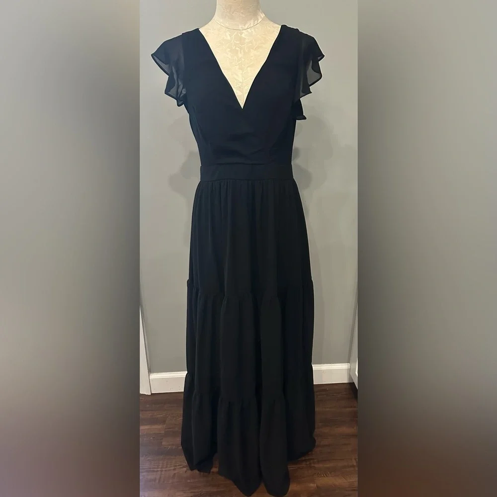 Lulus Charming Success Black Tiered Lace-Up Backless Maxi Dress Size L - Picture 9 of 11